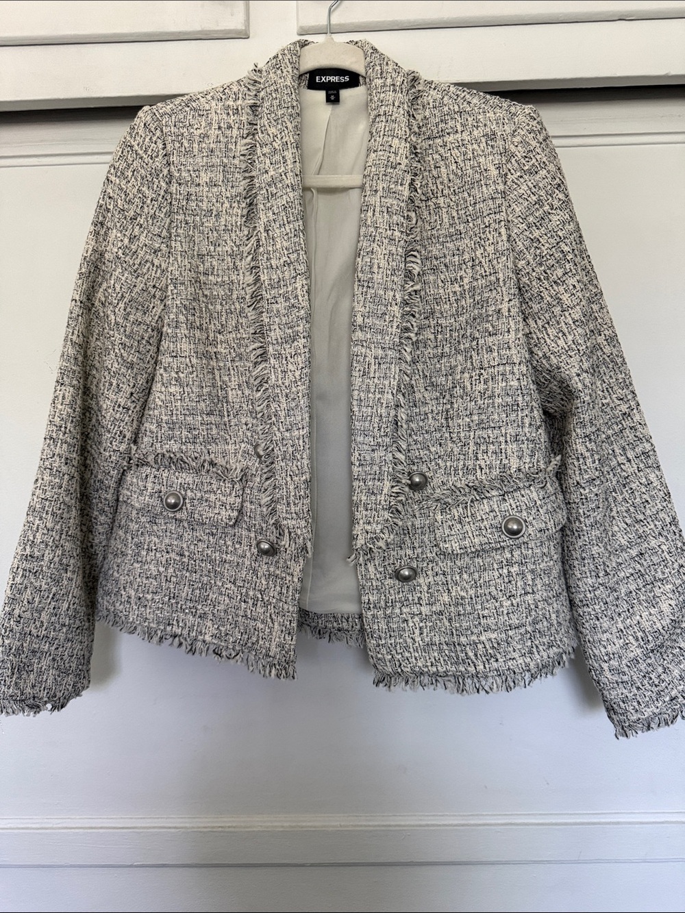 Express Ivory and Black Tweed Fringed Open-Front Blazer